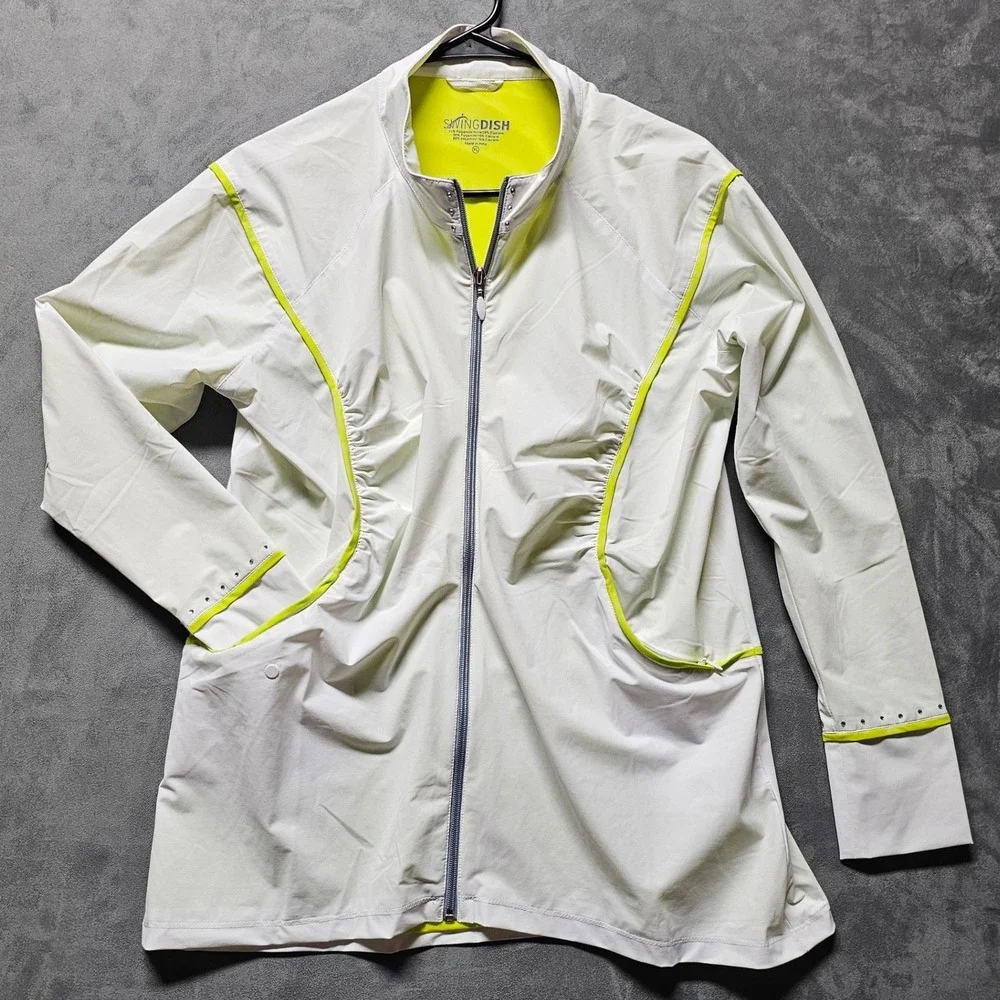 SwingDish Womens Golf‎ Jacket White Neon Yellow JOO1-01 Ruched Full Zip XL